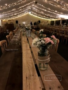 Wedding marquee with fairy lights provided by customer with their testimonial
